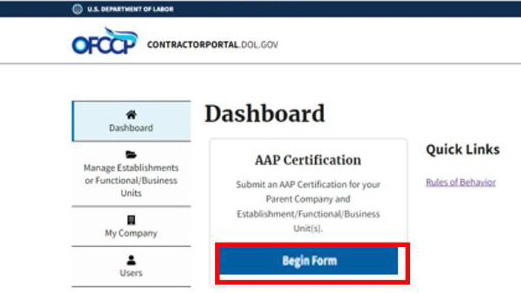 A screenshot of the "Begin Form" function available on the OFCCP Contractor Portal dashboard