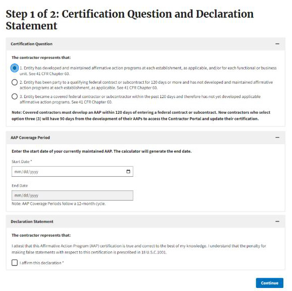 A screenshot of Step 1 of 2 in the OFCCP contractor portal's Certification Form